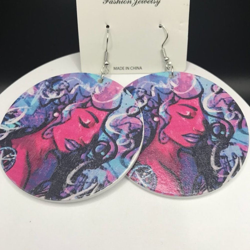 NWT Wooden Exquisite African Beauty Print Round Dangle Earrings Bohemian
